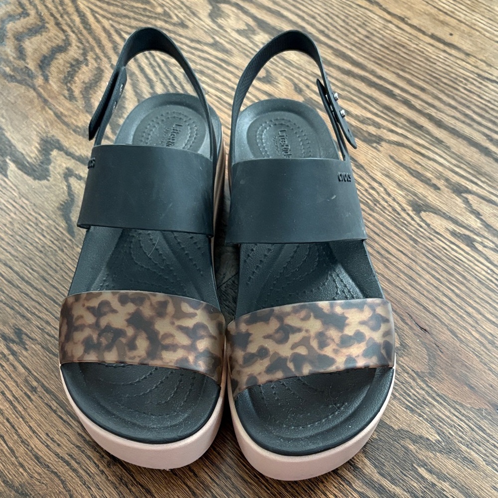CROCS Black and Brown Tortiseshell Patterned Sandals